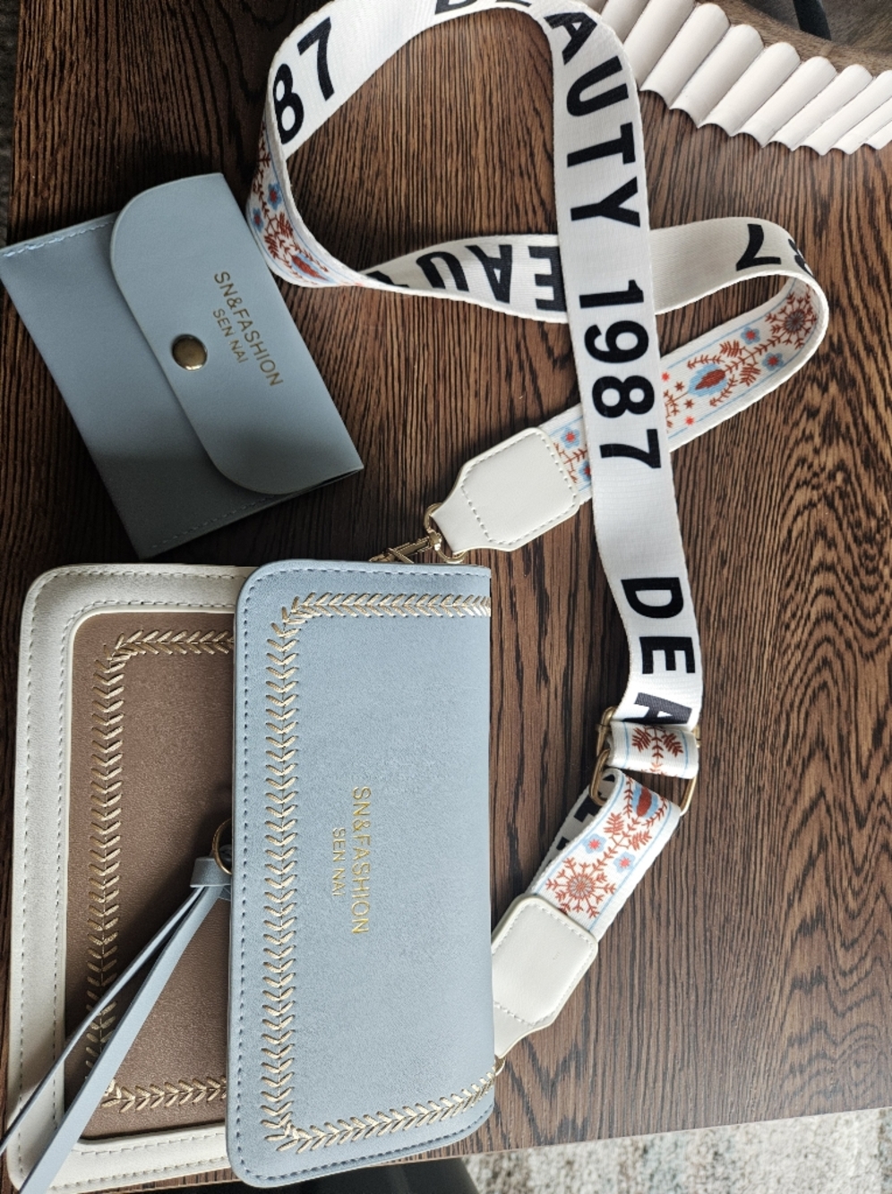 Light Blue & Cream Zip Wallet with Detachable Strap